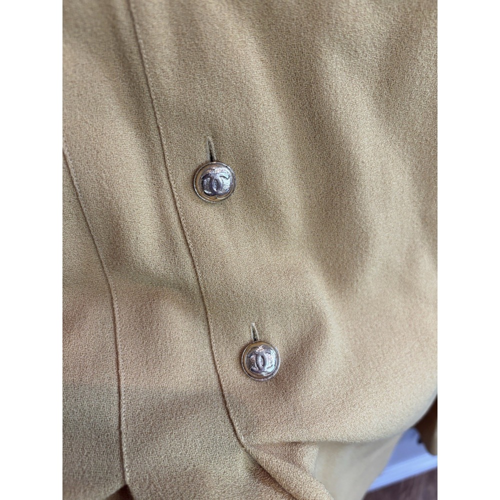 Chanel Vintage Mustard Yellow Pleated Midi Skirt Wool Logo Buttons 26 Classic - Picture 2 of 8